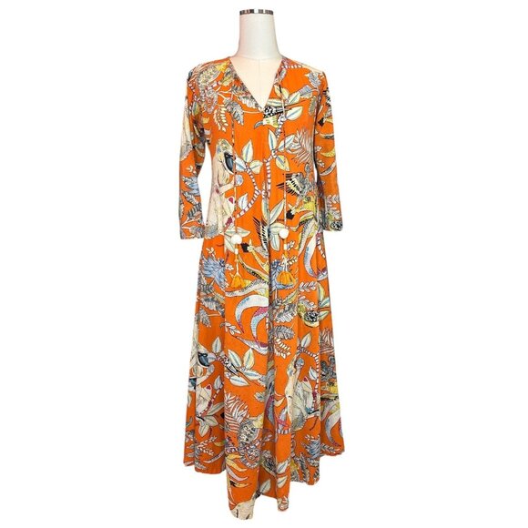 Jayshree Dalal Boho Tropical Kaftan Dress Small Orange Jungle Print Maxi Resort - Picture 1 of 12